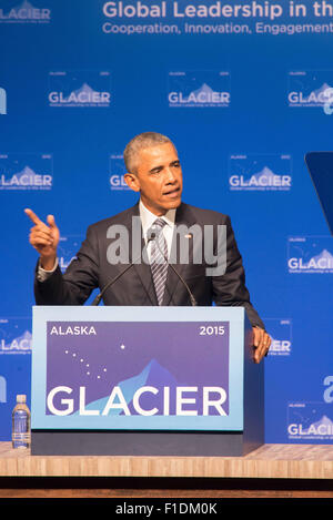 Anchorage in Alaska,, Stati Uniti d'America. 1 Sep, 2015. Il presidente Barack Obama parlando alla conferenza sul ghiacciaio sul riscaldamento globale, Anchorage in Alaska,, 8-31-2015 Credito: Ron Levy/ZUMA filo/Alamy Live News Foto Stock