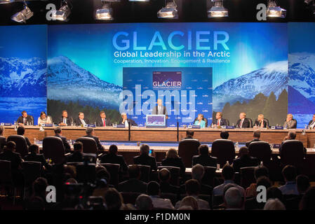 Anchorage in Alaska,, Stati Uniti d'America. 1 Sep, 2015. Il presidente Barack Obama parlando alla conferenza sul ghiacciaio sul riscaldamento globale, Anchorage in Alaska,, 8-31-2015 Credito: Ron Levy/ZUMA filo/Alamy Live News Foto Stock