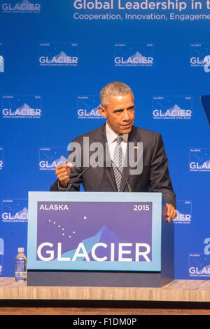 Anchorage in Alaska,, Stati Uniti d'America. 1 Sep, 2015. Il presidente Barack Obama parlando alla conferenza sul ghiacciaio sul riscaldamento globale, Anchorage in Alaska,, 8-31-2015 Credito: Ron Levy/ZUMA filo/Alamy Live News Foto Stock