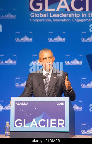 Anchorage in Alaska,, Stati Uniti d'America. 1 Sep, 2015. Il presidente Barack Obama parlando alla conferenza sul ghiacciaio sul riscaldamento globale, Anchorage in Alaska,, 8-31-2015 Credito: Ron Levy/ZUMA filo/Alamy Live News Foto Stock