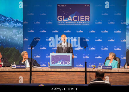 Anchorage in Alaska,, Stati Uniti d'America. 1 Sep, 2015. Il presidente Barack Obama parlando alla conferenza sul ghiacciaio sul riscaldamento globale, Anchorage in Alaska,, 8-31-2015 Credito: Ron Levy/ZUMA filo/Alamy Live News Foto Stock