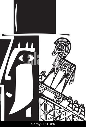 Xilografia stile immagine di un cavallo di Troia viene caricata in un uomo di testa Illustrazione Vettoriale