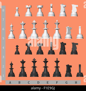 Il bianco e il nero di pezzi di scacchi Foto Stock