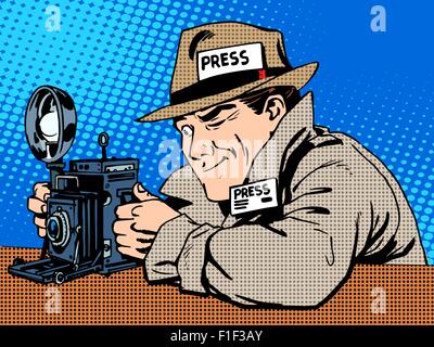 Fotografo paparazzi al lavoro stampa media fotocamera. Il reporter Illustrazione Vettoriale