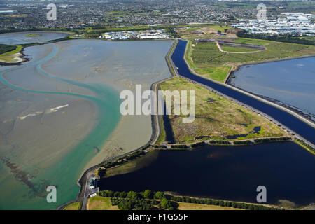 La fuoriuscita dal Mangere impianto di trattamento delle acque reflue, Puketutu Isola, Manukau Harbour, Auckland, Isola del nord, Nuova Zelanda - aerial Foto Stock