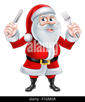 Un Natale cartoon illustrazione di Santa Claus in possesso di un coltello e forchetta Foto Stock