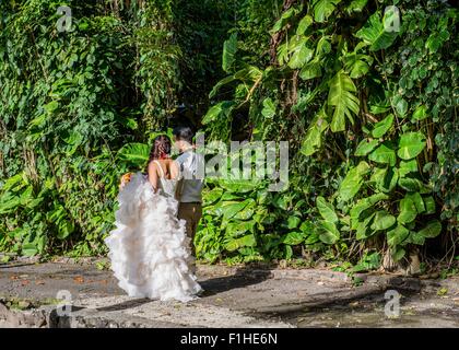 Sposa e lo sposo a passeggiare nel giardino di Hawaiian wedding, Kaaawa, Oahu, Hawaii, STATI UNITI D'AMERICA Foto Stock