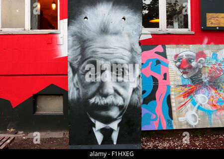 Albert Einstein-Graffity auf Mauerstuecken, Berlino-Kreuzberg (nur fuer redaktionelle Verwendung. Keine Werbung. Referenzdatenban Foto Stock