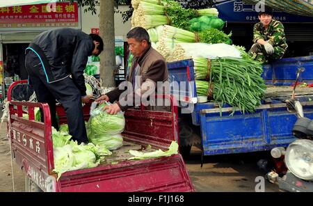 Pengzhou, Cina: due uomini caricamento appena raccolto produrre dal loro piccolo camion ad un molto più grande di uno Foto Stock