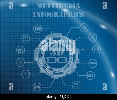 Una infografica multimediale modello dalla marcia tecnologica segno, Linee e icone. Design elegante con trasparenza sul blu sullo sfondo a scacchi con linee di luce e il flash su di esso. Illustrazione Vettoriale. Illustrazione Vettoriale