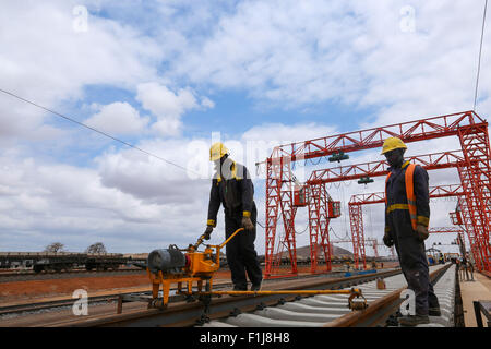 Mtito Andei, Kenya. 2 Sep, 2015. Locale lavorano presso la traversina e fabbrica del fascio in corrispondenza della Sesta Sezione del Kenya la ferrovia (SGR) progetto, vicino a Mtito Andei, Kenya, sul Sett. 2, 2015. Più di 25.000 kenioti sono state impiegate per la costruzione in corso di SGR, cinese-finanziato una linea ferroviaria ad alta velocità che collega il Kenya del porto della città di Mombasa a Nairobi capitale, secondo l'ambasciatore cinese in Kenya Liu Xianfa. © Pan Siwei/Xinhua/Alamy Live News Foto Stock