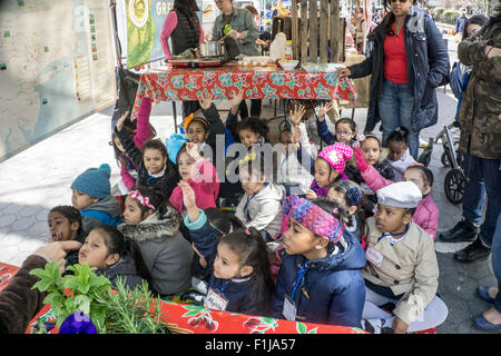 Gruppo diversificato di piccole bambine di età prescolare sulla gita a Union Square greenmarket ardentemente sollevare le mani nella sessione dedicata a domande e risposte Foto Stock