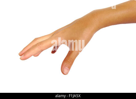 Mano femmina pronta a prendere o prendere qualcosa di isolato su sfondo bianco Foto Stock