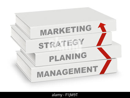 Pila di libri coperti di marketing, strategia, piallatura, gestione e freccia, la concezione di business su bianco con il percorso Foto Stock
