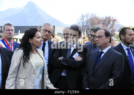 Visita presidenziale di Francois Hollande, alla società Air Liquide di tecnologie avanzate, vicino a Grenoble, Isere, Francia. Foto Stock