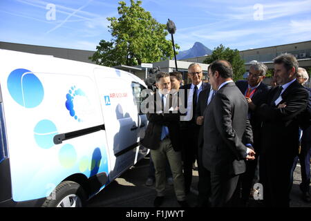 Visita presidenziale di Francois Hollande, alla società Air Liquide di tecnologie avanzate, vicino a Grenoble, Isere, Francia. Foto Stock