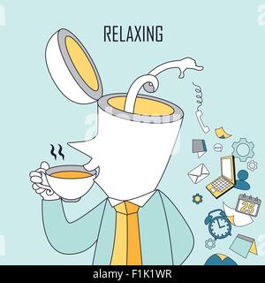 Concetto di relax: un uomo è di bere il caffè in stile linea Illustrazione Vettoriale