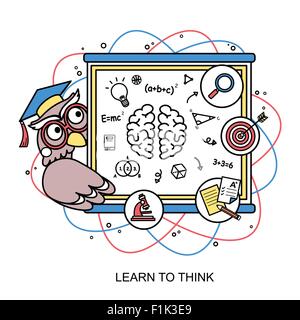 Imparare a pensare di concetto con un gufo in stile linea Illustrazione Vettoriale