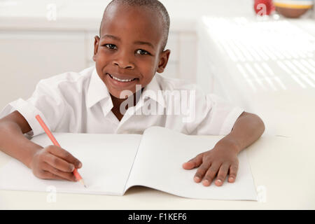 Giovane ragazzo africano che sta facendo il suo dovere in cucina, sorridente in telecamera Foto Stock