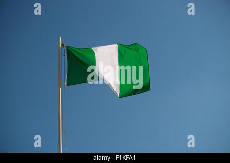 Bandiera nigeriana nella parte anteriore del cielo blu nel vento Foto Stock