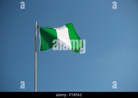 Bandiera nigeriana nella parte anteriore del cielo blu nel vento Foto Stock