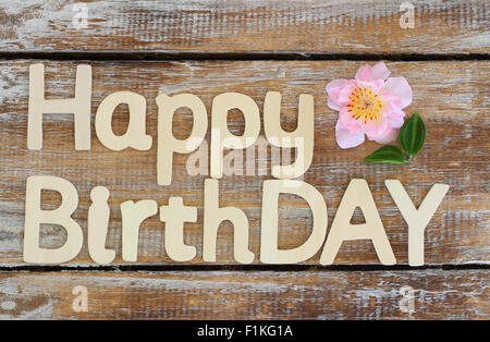 Buon compleanno scritto con lettere in legno su legno rustico Foto Stock