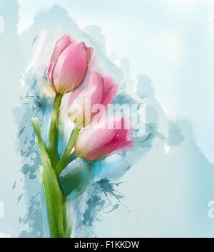 Tulipani rossi fiori dipinto con colore blu sullo sfondo Foto Stock