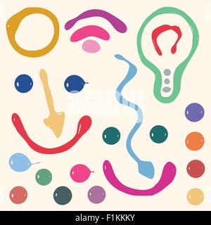 Set di diversi simboli colorati, lampada, sorriso, punti, blob Illustrazione Vettoriale