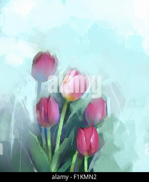 Pittura a olio di fiori di tulipani- still life red tulip fiore con foglia verde. Dipinto a mano a motivi floreali fiori di primavera sullo sfondo Foto Stock