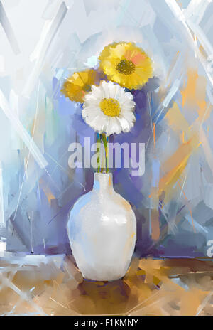 Pittura di olio ancora vita bouquet di fiori di Gerbera. Il bianco e il giallo fiore di Gerbera in vaso bianco Foto Stock