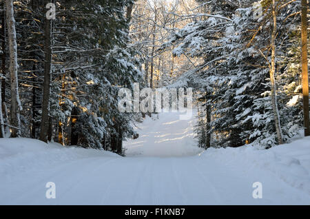 Coperta di neve strada in Mercer, Wisconsin Foto Stock