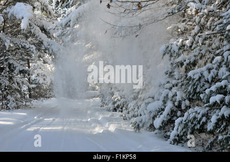 Coperta di neve sentiero in Mercer, Wisconsin Foto Stock