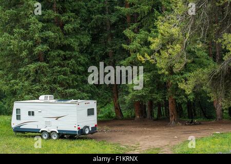 Asciugare Boondocking Camping nella foresta. Piccolo rimorchio di viaggio con pannelli solari sul tetto. Foto Stock