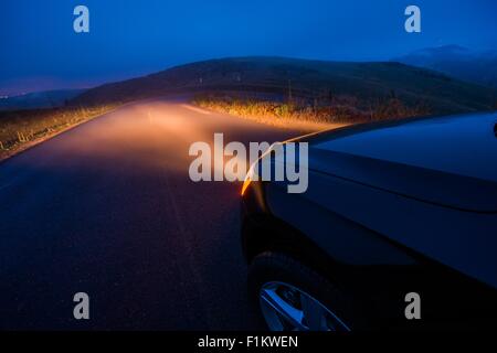 La guida nella nebbia. Foggy Mountain Road guidare di notte. Foto Stock