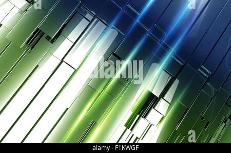 Shiny pannelli di metallo sullo sfondo. Green-Blue 3D barre astratta con raggi di luce illustrazione. La tecnologia moderna concezione Desi di sfondo Foto Stock