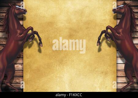 Allevamento di cavalli spazio copia Design. Sfondo di legno e due allevamento di cavalli. Foto Stock