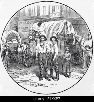 Un 19 ° secolo e appena arrivati famiglia di emigranti e il loro carro in Kansas, Stati Uniti. Dopo la guerra civile e prima del 1890, più di un milione di persone si sono trasferite nel Kansas alla ricerca di una nuova vita sulla frontiera. Essi vennero a rivendicare la terra libera offerta ai coloni dalla legge Homestead approvata dal Congresso degli Stati Uniti nel 1862. Foto Stock