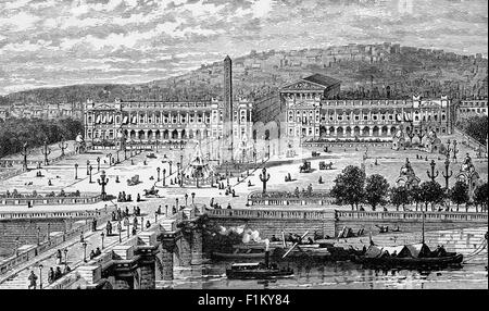 Una vista del 19 ° secolo sulla Senna, Place de la Concorde e Montmatre, dalla Camera dei deputati, Parigi, Francia. Place de la Concorde è la piazza più grande della capitale francese e si trova nell'ottavo arrondissement della città, all'estremità orientale degli Champs-Élysées. Fu il luogo di molte importanti esecuzioni pubbliche, tra cui l'esecuzione di Re Luigi XVI, durante la Rivoluzione francese. Foto Stock