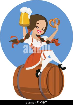 Ragazza di birra in dirndl sul barile con pretzel pinup Illustrazione Vettoriale