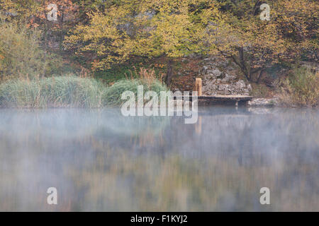 Nebbia autunnale sul lago nel Parco Nazionale dei Laghi di Plitvice, Croazia Foto Stock