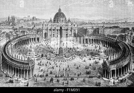 Sopra la tomba di San Pietro Apostolo è stata costruita una vista aerea della Basilica di San Pietro. La prima basilica, costruita dall'Imperatore Costantino e inaugurata nel 333, durò circa 1,200 anni. La nuova Basilica di San Pietro è stata inaugurata nel 1626 da Papa Urbano VIII e fronteggia Piazza San Pietro, Città del Vaticano, Italia Foto Stock