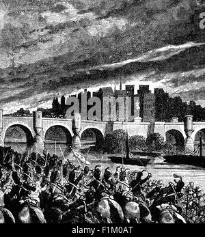 Royalist Cavalry attaccando una folla parigina sulle rive del Fiume Senna, durante il XVIII secolo la Rivoluzione Francese Foto Stock
