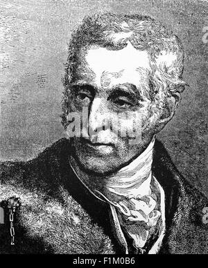 Ritratto del maresciallo Arthur Wellesley, i duca di Wellington, KG, GCB, GCH, PC, FRS (1769-1852) è stato un soldato anglo-irlandese e statista di Tory, che è stato uno dei principali militari e politici della Gran Bretagna del XIX secolo, servendo due volte come primo ministro. Terminò le guerre napoleoniche quando sconfisse Napoleone nella Battaglia di Waterloo nel 1815. Foto Stock