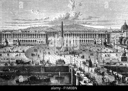 Una vista del 19 ° secolo della Place de la Concorde e la Senna, Parigi, Francia. Place de la Concorde è la piazza più grande della capitale francese. Si trova nell'ottavo arrondissement della città, all'estremità orientale degli Champs-Élysées. Fu il luogo di molte importanti esecuzioni pubbliche, tra cui le esecuzioni di Re Luigi XVI e Maria Antonietta nel corso della Rivoluzione francese, durante la quale la piazza fu temporaneamente ribattezzata Place de la Révolution. Foto Stock