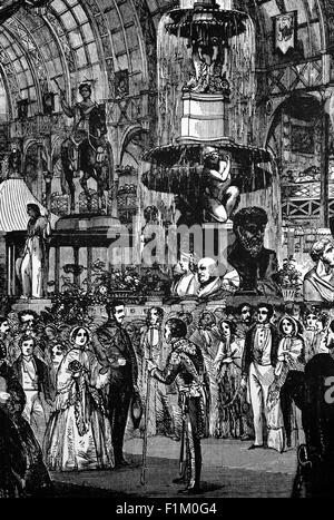 La Regina Vittoria e il Principe Alberto aprono la prima Grande Mostra, maggio 1851 a Chrystal Palace, Londra, Inghilterra. Fu il primo di una serie di fiere del mondo, mostre di cultura e industria che divenne popolare nel 19 ° secolo. Un edificio speciale, soprannominato il Crystal Palace costruito per ospitare lo spettacolo, è stato progettato da Joseph Paxton che ha attinto all'esperienza di Paxton nella progettazione di serre con il supporto dell'ingegnere strutturale Charles Fox. Foto Stock