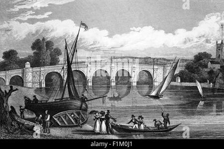 Un ponte contemporaneo e un ponte di legno più vecchio sul fiume Tamigi sono esistiti a Kingston, Londra, Inghilterra dal 13 ° secolo e ponti successivi hanno contribuito notevolmente al successo di Kingston come città medievale mercato. Nel 1825 Kingston Corporation ha annunciato che intendeva costruire un ponte di pietra di Portland in stile classico su disegno di Edward Lapidge, il topografo della contea. Nel 1870 è stato liberato dai pedaggi e alcuni giorni dopo sono state seguite celebrazioni, tra cui uno spettacolo di fuochi d'artificio, con l'incendio dei cancelli a pedaggio su Hampton Green. Foto Stock