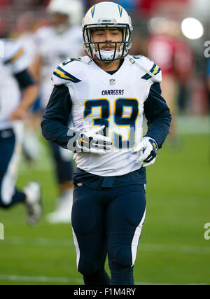 Santa Clara, CA. 3 Sep, 2015. San Diego Chargers running back Danny Woodhead (39) si riscalda prima di NFL partita di calcio tra San Diego Chargers e San Francisco 49ers a Levi's Stadium di Santa Clara, CA. Damon Tarver/Cal Sport Media/Alamy Live News Foto Stock