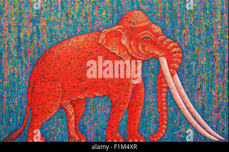 Red Elephant 2010. Acrilico originale pittura su tela. La tradizione della pittura tailandese Foto Stock
