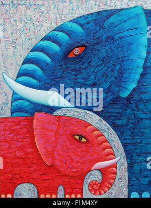 Red e Blue Elephant 1, originale pittura acrilica su tela di canapa. Foto Stock