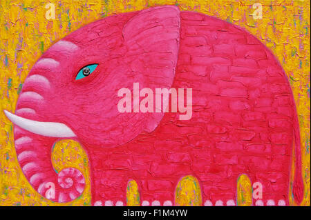 Elefante rosso su sfondo giallo. Acrilico originale pittura su tela. Foto Stock